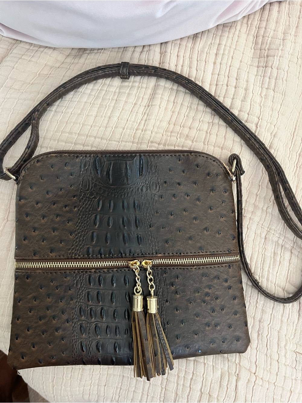 Leather Crossbody Bag in Dark Brown with Gold Tassel Zip